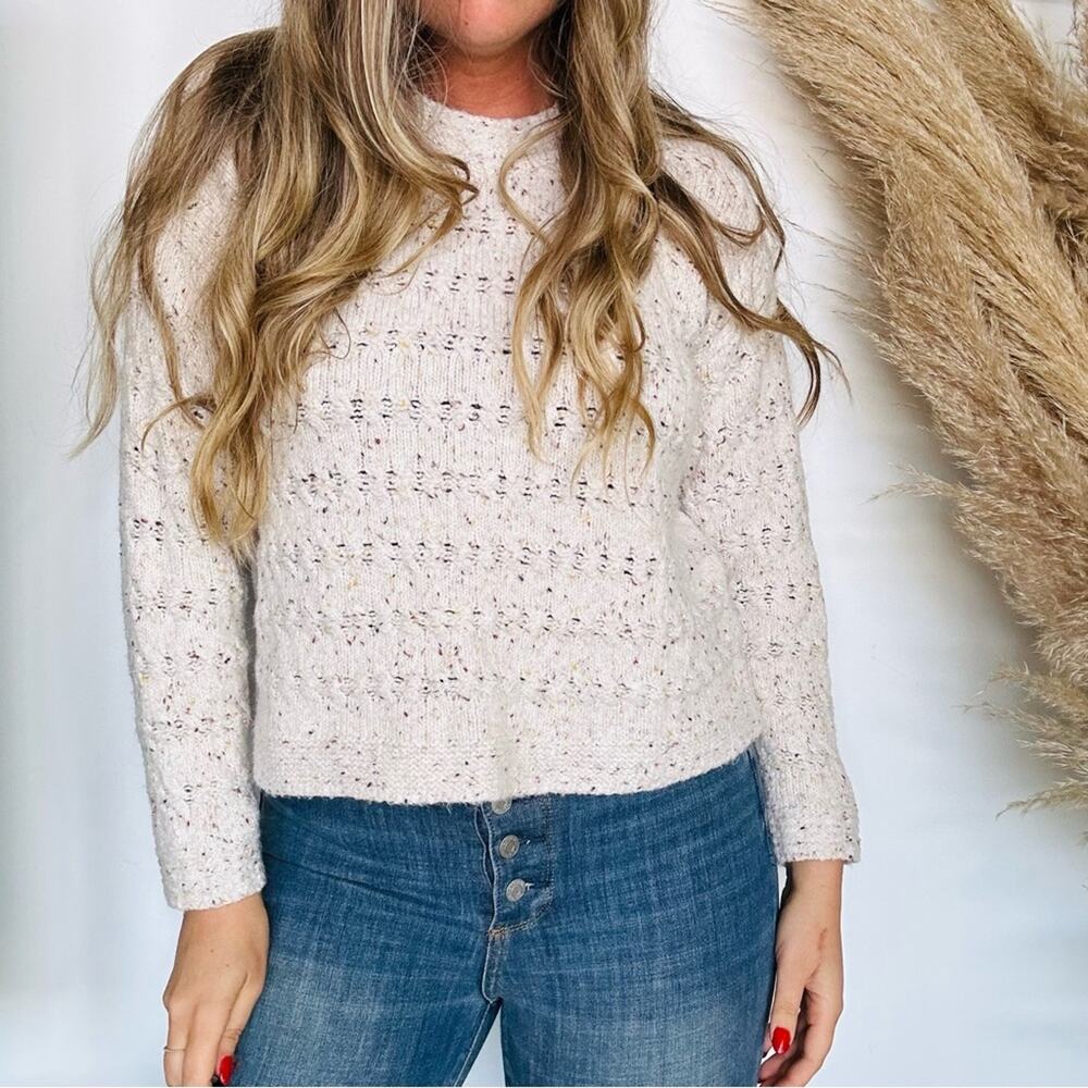 OLD NAVY White Multi Marled Chunky Knit Crew Neck Woven Crop Pullover Sweater S - Picture 4 of 8